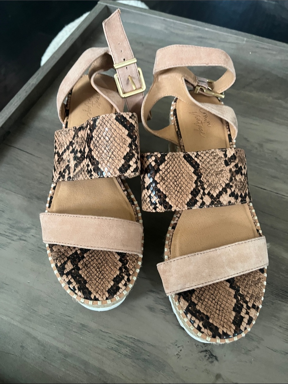 Crown Vintage- Womens Beige Snake-Print Ankle Strap Sandals